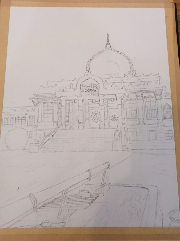 透明水彩画「夜の築地本願寺」下絵